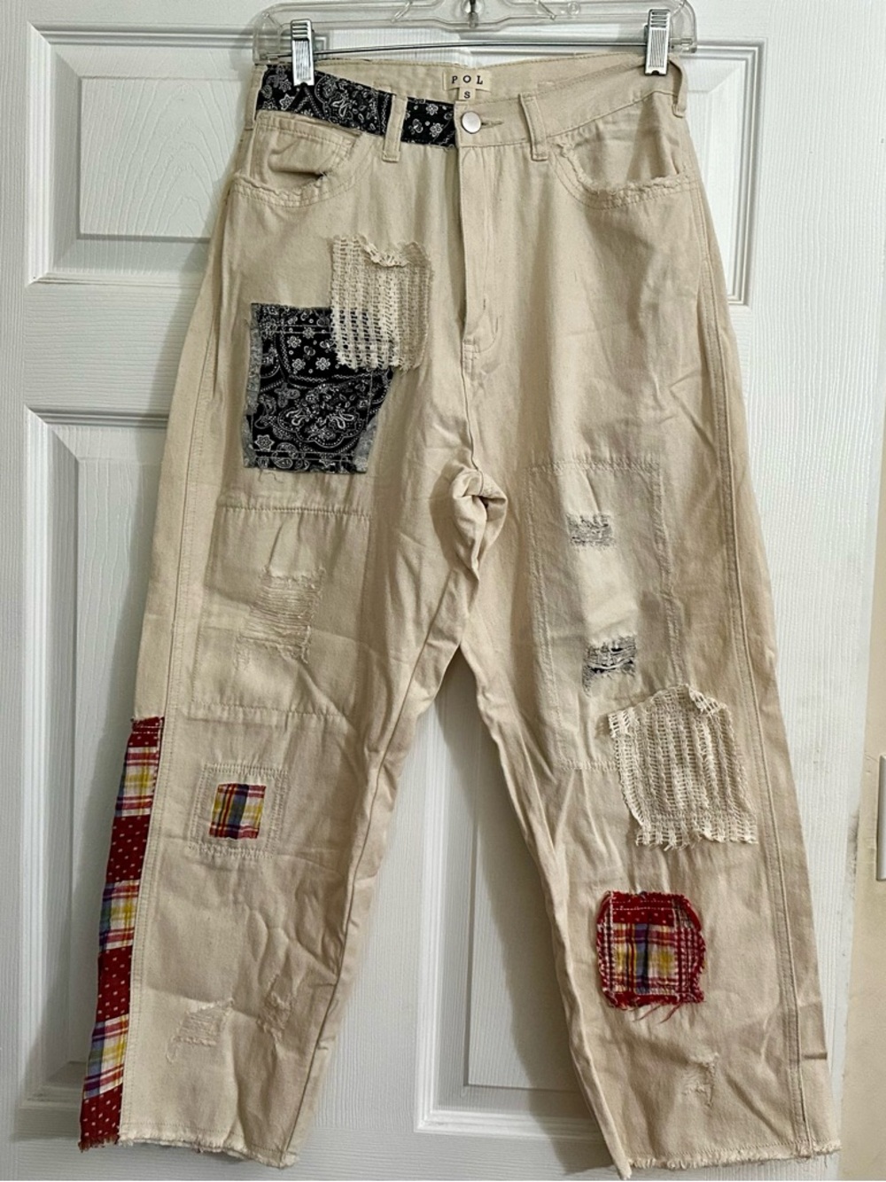 POL Cream Wide-Leg Patchwork Pants with Black & Red Accents